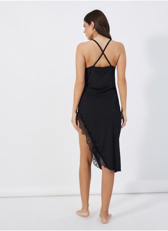 Styli Eyelash Lace Detail Side Split Slip Dress  - Image 4