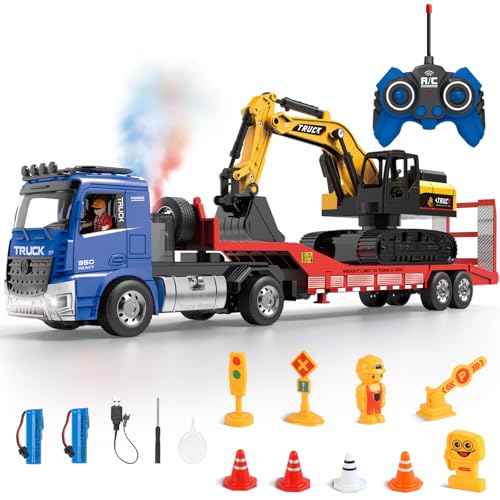 Fistone RC SemiTrailer Truck Friction Powered Excavator Toy Set 124 Scale with Sound and Lights 6 CH Remote Control Flatbed Truck and InertiaPowered Excavator Toys for Kids Boys Blue - Image 1