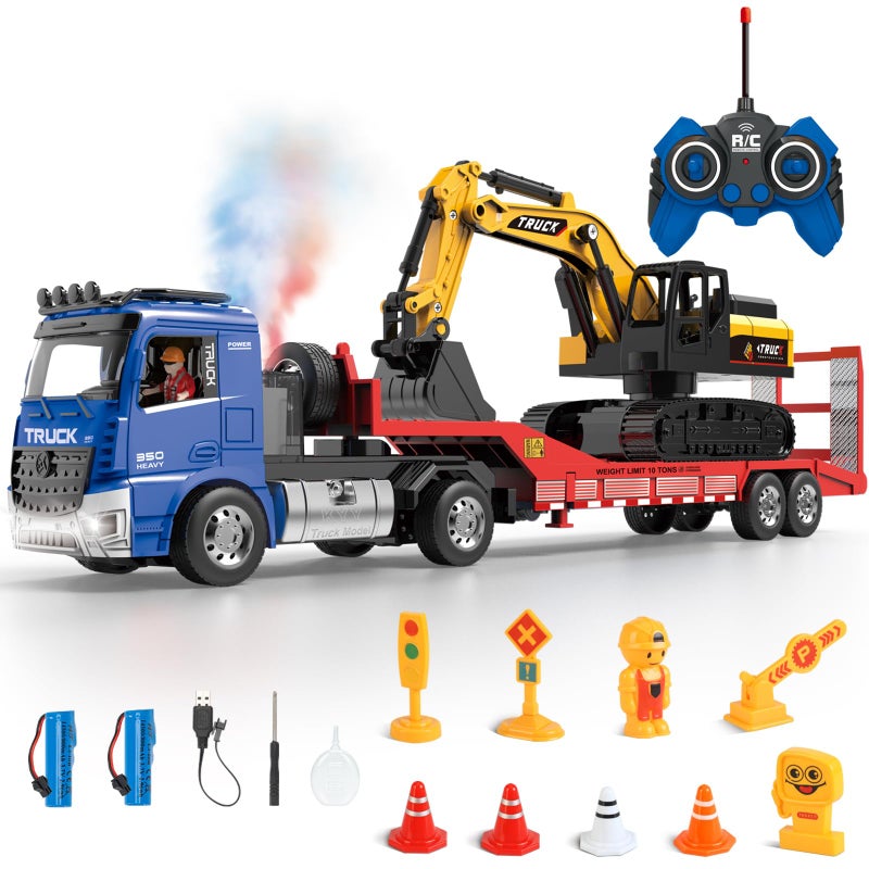 Fistone RC SemiTrailer Truck Friction Powered Excavator Toy Set 124 Scale with Sound and Lights 6 CH Remote Control Flatbed Truck and InertiaPowered Excavator Toys for Kids Boys Blue - Image 3