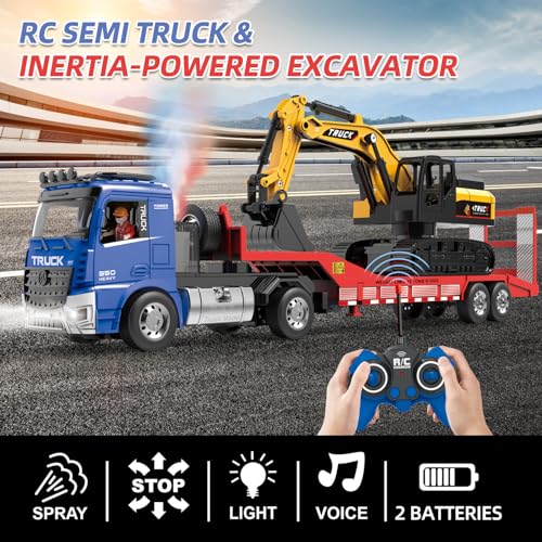 Fistone RC SemiTrailer Truck Friction Powered Excavator Toy Set 124 Scale with Sound and Lights 6 CH Remote Control Flatbed Truck and InertiaPowered Excavator Toys for Kids Boys Blue - Image 5