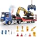 Fistone RC SemiTrailer Truck Friction Powered Excavator Toy Set 124 Scale with Sound and Lights 6 CH Remote Control Flatbed Truck and InertiaPowered Excavator Toys for Kids Boys Blue - Image 2