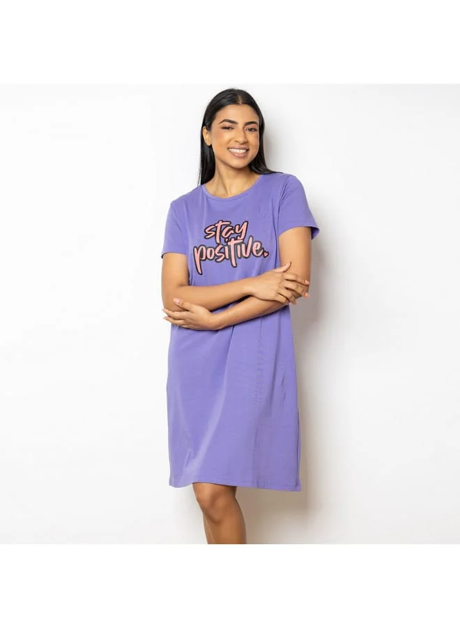 Aadaraya Aadaraya Graphic Print Round Neck Sleepshirt with Short Sleeves