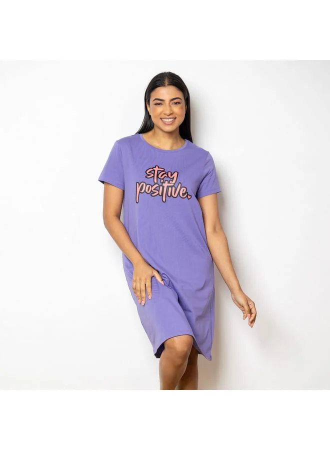 Aadaraya Aadaraya Graphic Print Round Neck Sleepshirt with Short Sleeves