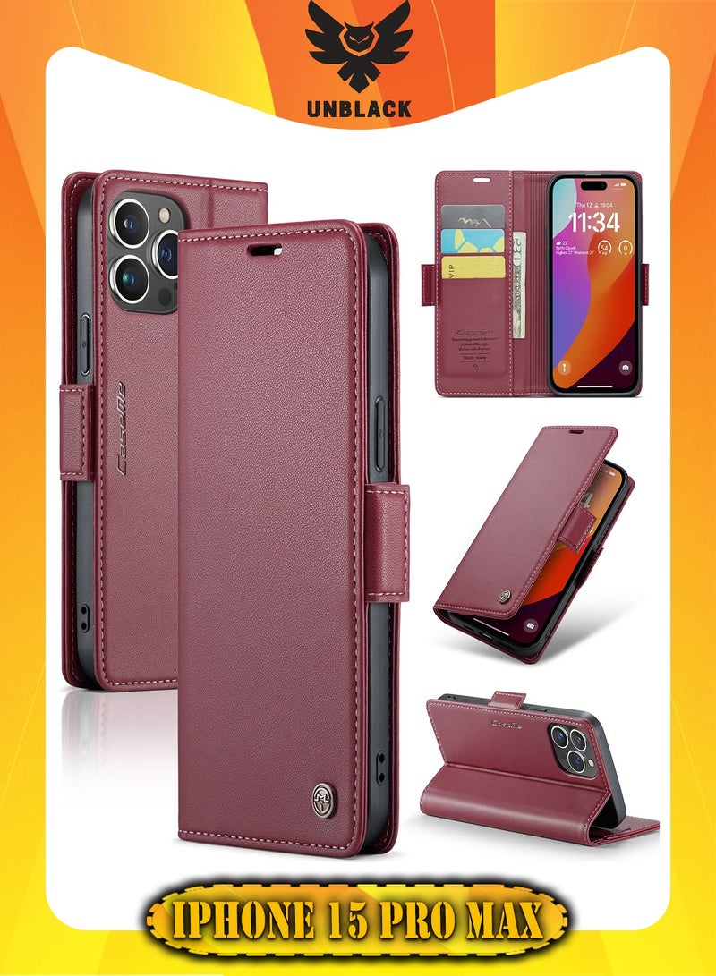 CaseMe Flip Wallet Case For Apple iPhone 15 Pro Max, [RFID Blocking] PU Leather Wallet Flip Folio Case with Card Holder Kickstand Shockproof Phone Cover (Red)  - Image 1