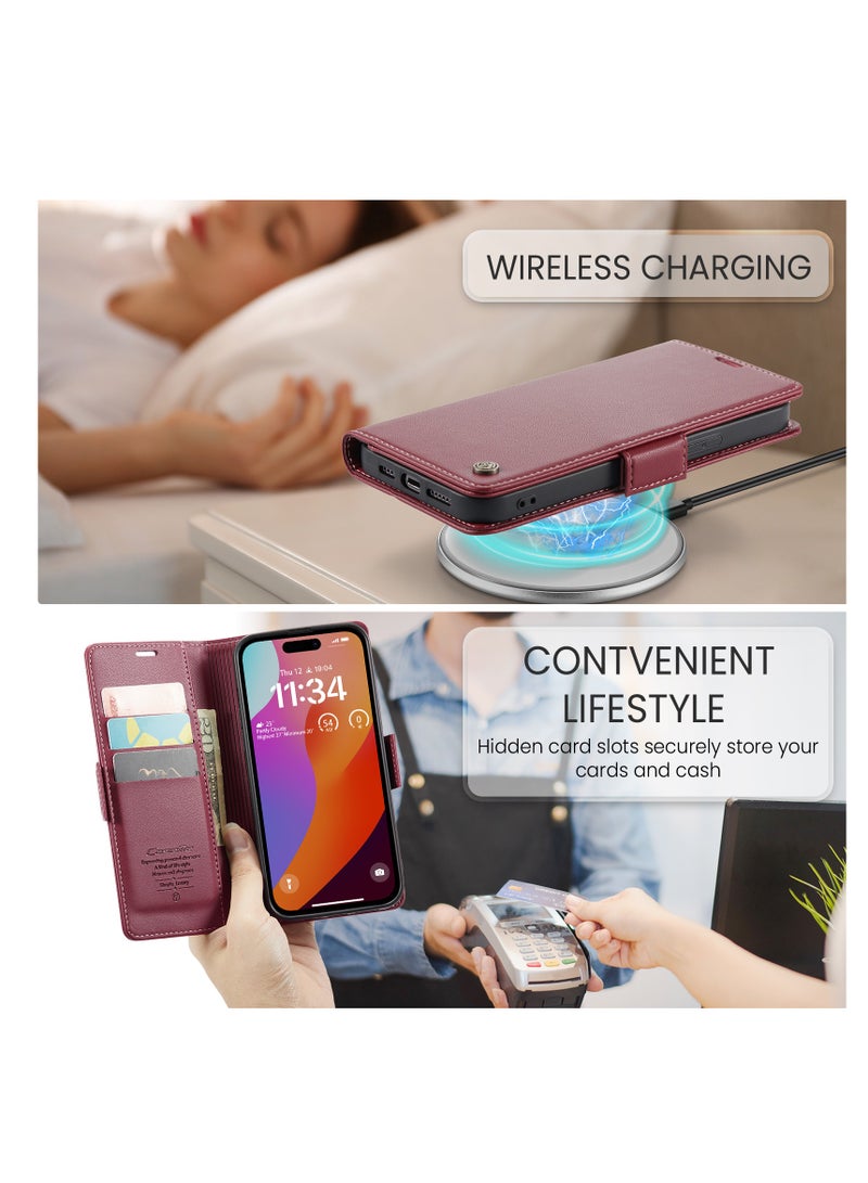 CaseMe Flip Wallet Case For Apple iPhone 15 Pro Max, [RFID Blocking] PU Leather Wallet Flip Folio Case with Card Holder Kickstand Shockproof Phone Cover (Red)  - Image 5