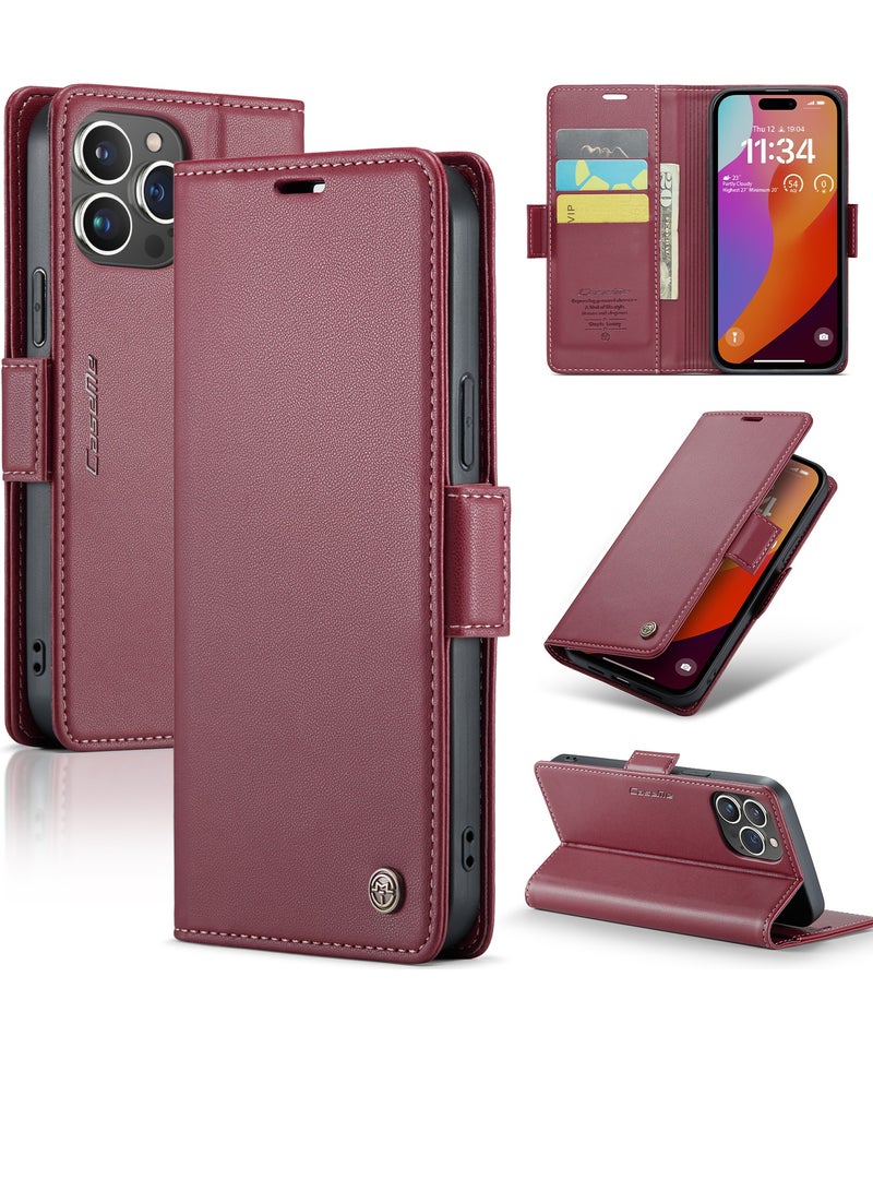CaseMe Flip Wallet Case For Apple iPhone 15 Pro Max, [RFID Blocking] PU Leather Wallet Flip Folio Case with Card Holder Kickstand Shockproof Phone Cover (Red)  - Image 2