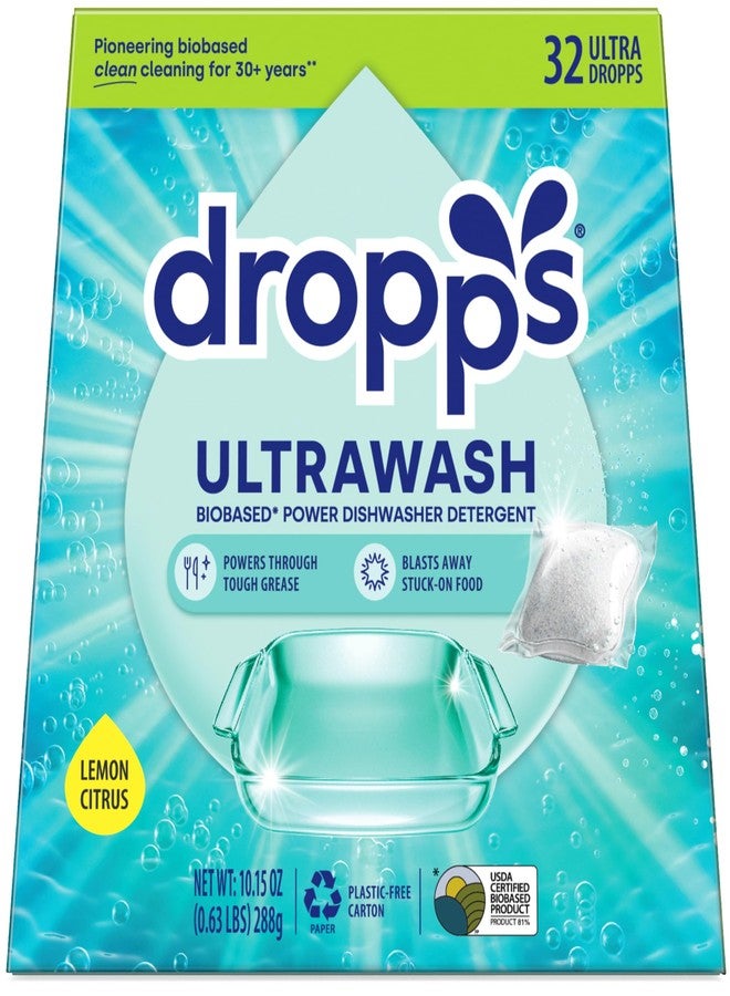 dropps كبسولات غسالة الصحون دروبس ألترا ووش، ليمون سيترس (32 قطعة) - أقراص منظف غسالة الصحون المعتمدة على البيولوجيا لتنظيف عميق لصحون لامعة - لا حاجة لمساعد الشطف أو الغسل المسبق - كبسولات غسيل الصحون - Image 1