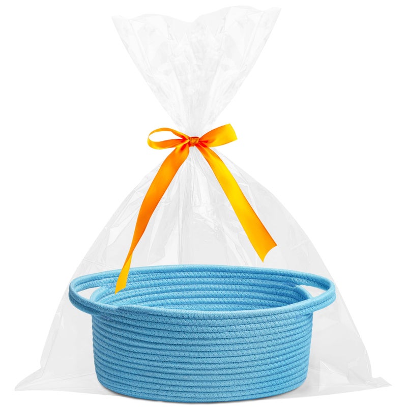 Pro Goleem Small Woven Basket with Gift Bags and Ribbons Durable Baskets for Gifts Empty Small Rope Basket for Storage 12"X 8" X 5" Baby Toy Basket with Handles, Blue - Image 1