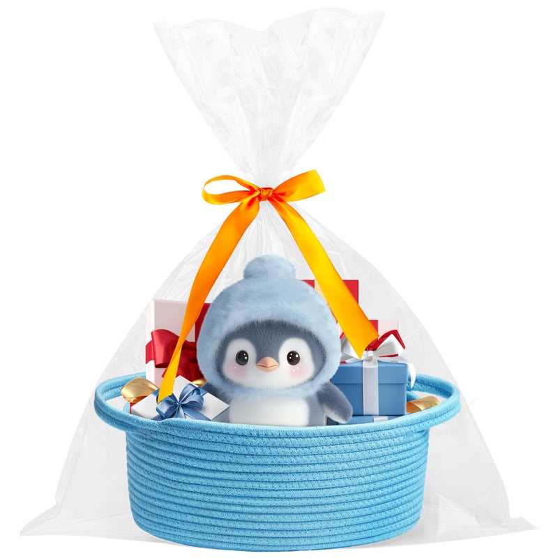 Pro Goleem Small Woven Basket with Gift Bags and Ribbons Durable Baskets for Gifts Empty Small Rope Basket for Storage 12"X 8" X 5" Baby Toy Basket with Handles, Blue - Image 5