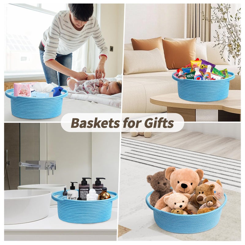 Pro Goleem Small Woven Basket with Gift Bags and Ribbons Durable Baskets for Gifts Empty Small Rope Basket for Storage 12"X 8" X 5" Baby Toy Basket with Handles, Blue - Image 3