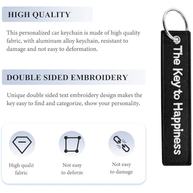 PERSONALIZED KEYCHAIN, 2 PACK EMBROIDERY TAG KEYCHAIN, FOB KEY RING ACCESSORIES FOR CAR MOTORCYCLE SCOOTER (THE KEY TO HAPPINESS) - Image 4