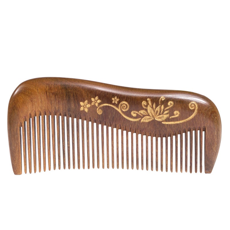 Breezelike Sandalwood Hair Comb - No Static Handmade Wooden Fine Tooth Detangling Comb with Golden Painted Flower - Image 1