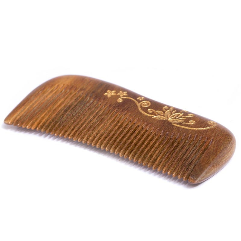 Breezelike Sandalwood Hair Comb - No Static Handmade Wooden Fine Tooth Detangling Comb with Golden Painted Flower - Image 3