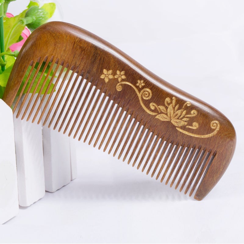 Breezelike Sandalwood Hair Comb - No Static Handmade Wooden Fine Tooth Detangling Comb with Golden Painted Flower - Image 4