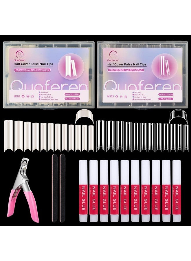 Deciniee 480PCS Extra Long C Curve Nail Tips and Glue, 2 Packs Natural and Clear Acrylic for Nails Professional Set, 12 Sizes Artificial Straight Square French False Nail Tips - Image 1