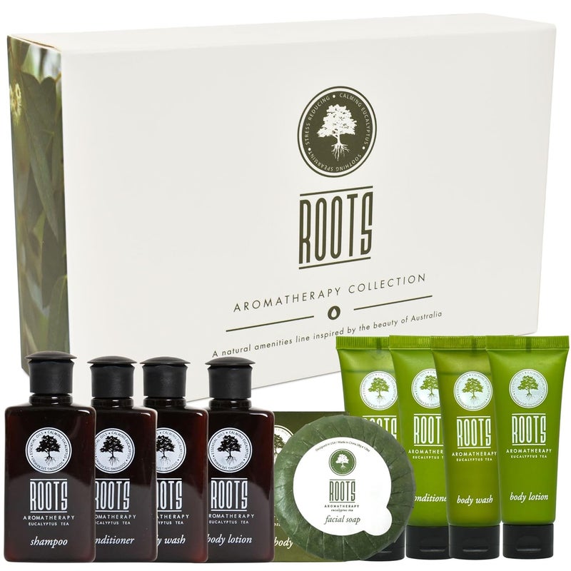 Roots Aromatherapy Amenity Kit Travel Size Toiletries Pack Eucalyptus Tea Fragrance for Guests BathroomHotelsAirBnbMini Hygiene Shampoo Conditioner Body Wash Lotion Soap Essentials for Air Bnb