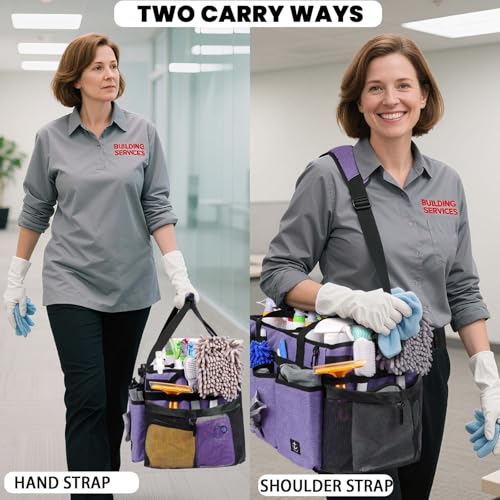 Timoxi Extra large Cleaning Caddy Bag Built-in Sturdy Support Board, Cleaning Organizer with Detachable Divider, Cleaning Supply Tote with Adjustable Shoulder Strap (Purple, 19'' x 11'' x 11'') - Image 3