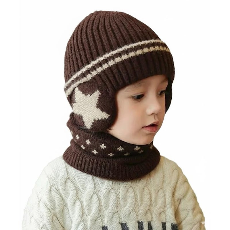 Star Designed Beanie Cap & Scarf Set for 2-5year Kids | Winter Warm Hat Scarf Soft Knitted Hood Earflap Beanies Caps for Toddlers - Brown