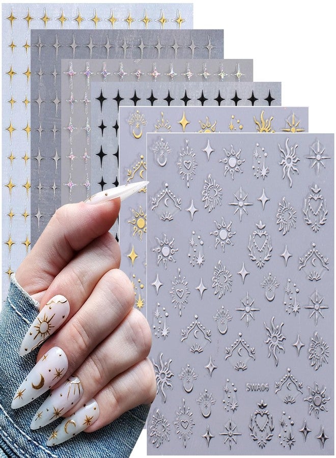 6 Sheets Star Sun Nail Art Stickers Decals 3D Self-Adhesive Stars Nail Supplies Stickers with Nail Design Black Gold Laser Silver Star Nail Decals for Women DIY Acrylic Nail Art Supplies Decorations - Image 1