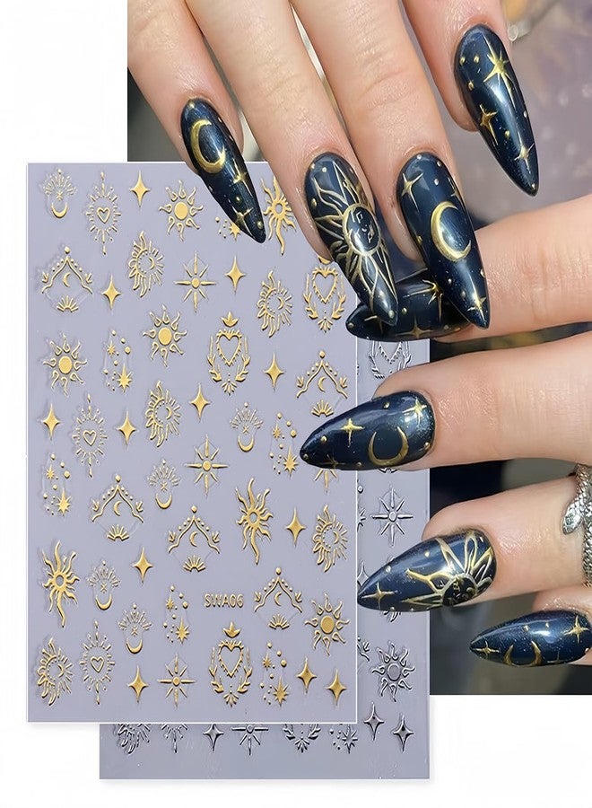 6 Sheets Star Sun Nail Art Stickers Decals 3D Self-Adhesive Stars Nail Supplies Stickers with Nail Design Black Gold Laser Silver Star Nail Decals for Women DIY Acrylic Nail Art Supplies Decorations - Image 2