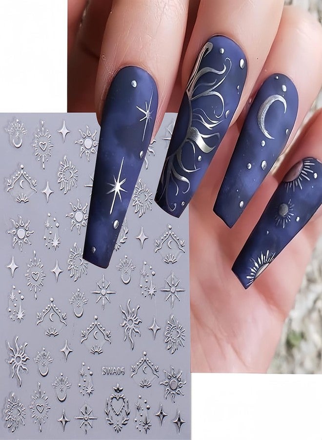 6 Sheets Star Sun Nail Art Stickers Decals 3D Self-Adhesive Stars Nail Supplies Stickers with Nail Design Black Gold Laser Silver Star Nail Decals for Women DIY Acrylic Nail Art Supplies Decorations - Image 3