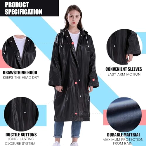 RR DESIGN Waterproof Rain Coat with Hood, Long Length, Transparent EVA Material,for Men & Women-Black - Image 3