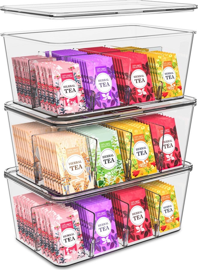 Utopia Home Tea Bag Organizer Set with Lids – 3 Pack Stackable Clear Plastic Storage Bins for Pantry, Cabinet & Fridge – Ideal for Tea, Snacks & Spice Organization - Image 1