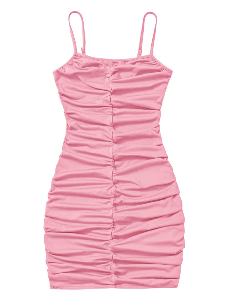 EXARUS Girls Formal Dress Teen Tween Party Ruched Dance Holiday Spaghetti Strap Fitted Mini Short Cute Stretch Dresses Plain Pink 12 Years - Image 1