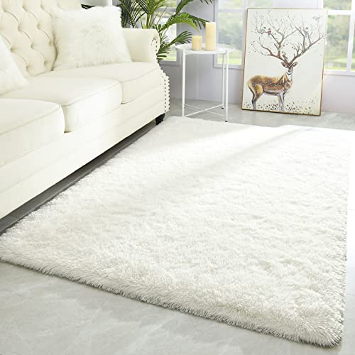 Merelax Modern Soft Fluffy Large Shaggy Rug for Bedroom Livingroom Dorm Kids Room Indoor Home Decorative, Non-Slip Plush Furry Fur Area Rugs Comfy Nursery Accent Floor Carpet 4'x6' Ivory - Image 1