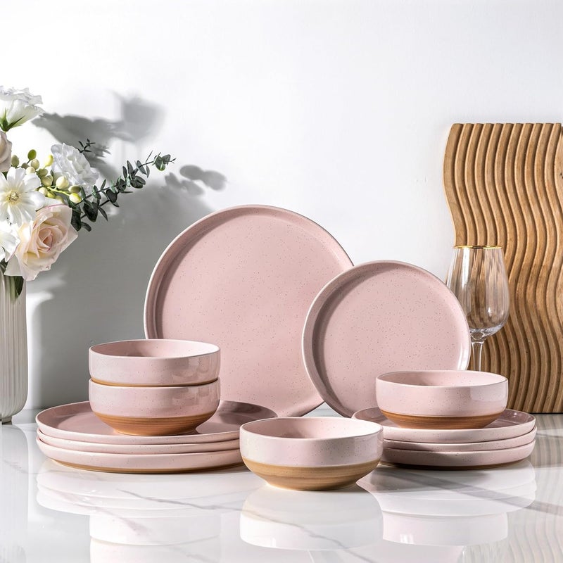 AmorArc Ceramic Dinnerware Sets for 4 12 Pieces Handpainted Plates and Bowls Set with Rustic Terracotta Underside Scratch Resistant Stoneware Dishes Set Dishwasher  Microwave Safe Cloud Pink - Image 1