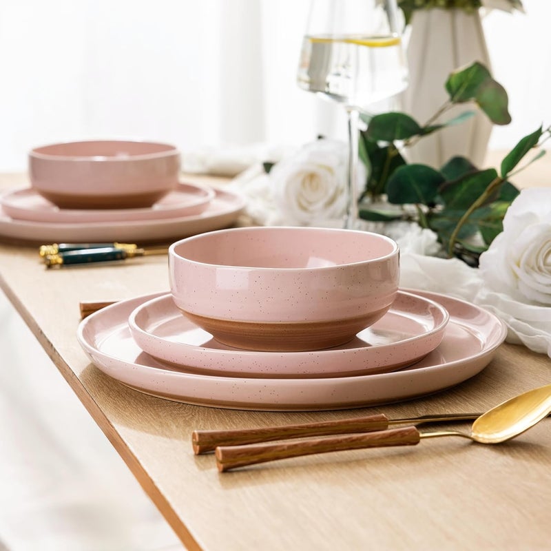 AmorArc Ceramic Dinnerware Sets for 4 12 Pieces Handpainted Plates and Bowls Set with Rustic Terracotta Underside Scratch Resistant Stoneware Dishes Set Dishwasher  Microwave Safe Cloud Pink - Image 4