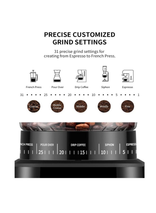 Dxmocos Conical Burr Coffee Grinder with Digital Timer Display, Electric Coffee Bean Grinder with 31 Precise Settings for Espresso/Drip/Pour Over/Cold Brew/French Press, Matte Black - Image 3