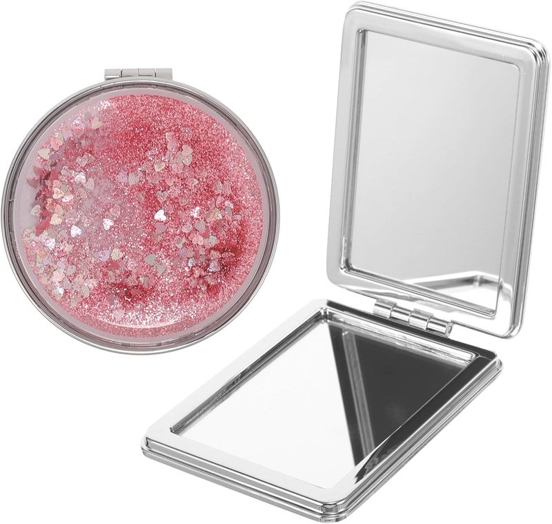 Portable Compact Handheld Makeup Mirror 2pcs Mini Foldable Small Hand Mirror Set for Travel and Handbag Pink and Square Decorative for Women and Students - Image 1
