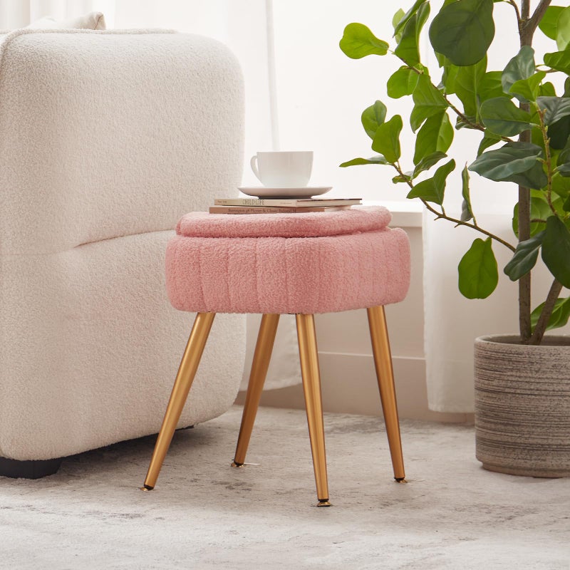 ZYKZYK Updated Vanity Chair, Storage Ottoman with Folding Back & Gold-Toned Metal Legs, Ottoman Seat with Teddy Velvet for Dressing Room Living Room Bedroom, 15" x 12" Inch - Image 4