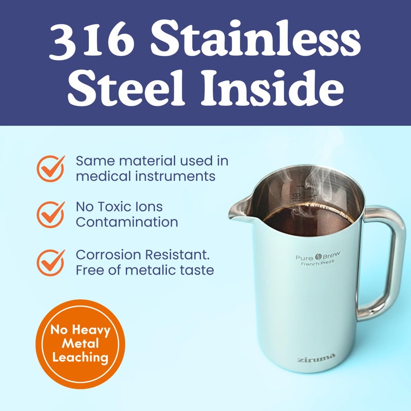 Ziruma Non-Toxic French Press, Surgical Stainless Steel Coffee Press, Plastic-Free, Heavy Metal-Free, No Endocrine Disruptors, 34 Oz, Double Wall, 4-Layer Filter, Portable Coffee Maker - Image 3