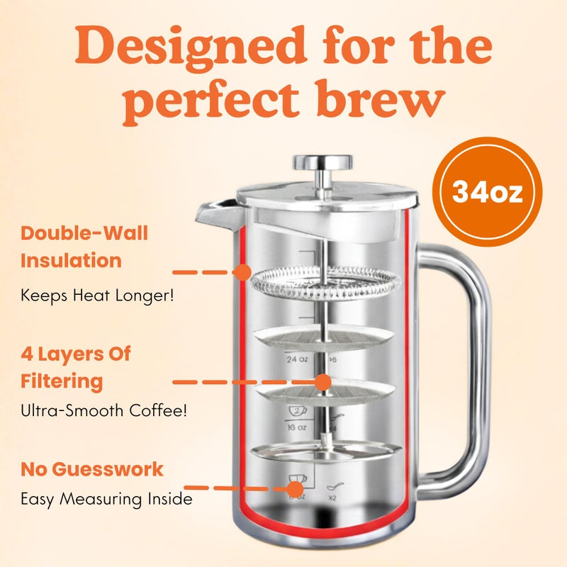 Ziruma Non-Toxic French Press, Surgical Stainless Steel Coffee Press, Plastic-Free, Heavy Metal-Free, No Endocrine Disruptors, 34 Oz, Double Wall, 4-Layer Filter, Portable Coffee Maker - Image 5