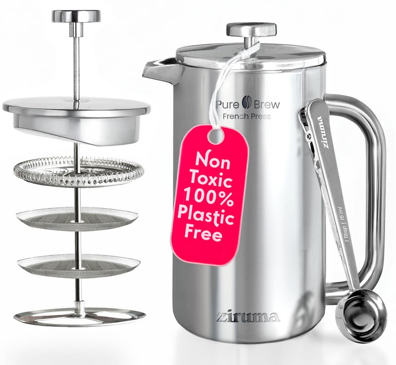 Ziruma Non-Toxic French Press, Surgical Stainless Steel Coffee Press, Plastic-Free, Heavy Metal-Free, No Endocrine Disruptors, 34 Oz, Double Wall, 4-Layer Filter, Portable Coffee Maker - Image 1