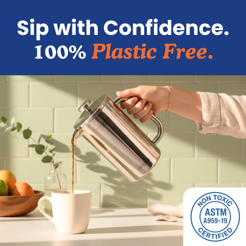 Ziruma Non-Toxic French Press, Surgical Stainless Steel Coffee Press, Plastic-Free, Heavy Metal-Free, No Endocrine Disruptors, 34 Oz, Double Wall, 4-Layer Filter, Portable Coffee Maker - Image 2