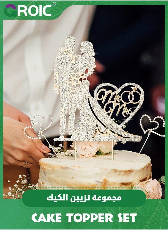GROIC - Mr and Mrs Cake Topper Rhinestone Metal Love Wedding Cake Topper Crystal Heart Shaped Cake Toppers Funny Diamond Bride and Groom Anniversary Party Cake Decoration Gold,Party Supplies - Image 1