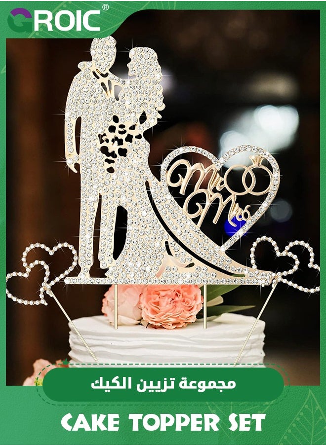 GROIC - Mr and Mrs Cake Topper Rhinestone Metal Love Wedding Cake Topper Crystal Heart Shaped Cake Toppers Funny Diamond Bride and Groom Anniversary Party Cake Decoration Gold,Party Supplies - Image 1