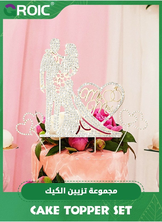 GROIC - Mr and Mrs Cake Topper Rhinestone Metal Love Wedding Cake Topper Crystal Heart Shaped Cake Toppers Funny Diamond Bride and Groom Anniversary Party Cake Decoration Gold,Party Supplies - Image 1