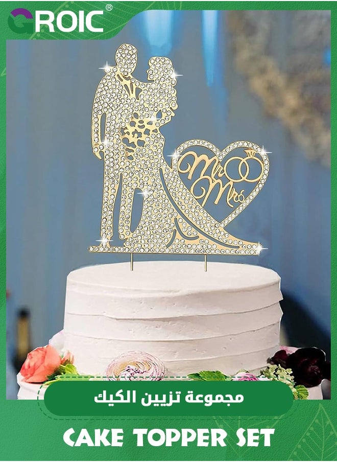 GROIC - Mr and Mrs Cake Topper Rhinestone Metal Love Wedding Cake Topper Crystal Heart Shaped Cake Toppers Funny Diamond Bride and Groom Anniversary Party Cake Decoration Gold,Party Supplies - Image 1
