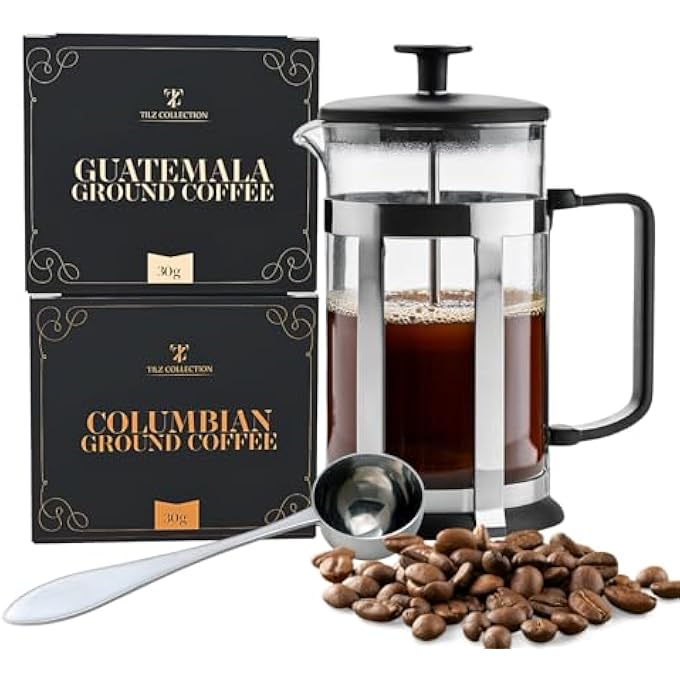 TILZ COLLECTION Coffee Cafetiere French Press Coffee Maker For Ground Coffee With 9 Flavoured Ground Coffee And Measuring Spoons Coffee Gift Set  Christmas Coffee Gifts For Men  Coffee Gifts For Women - Image 3