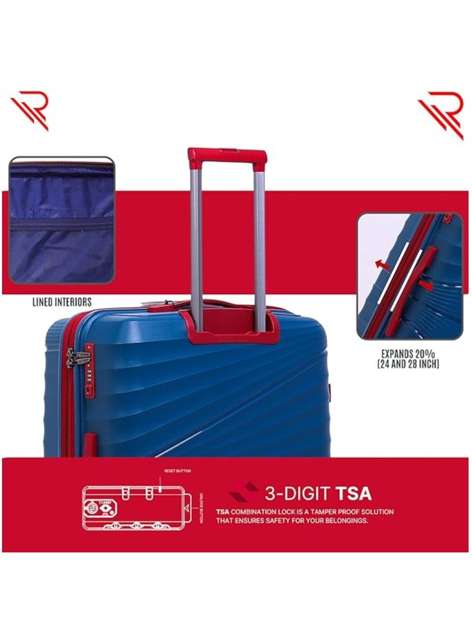 Reflection 28 Inch Polypropylene Suitcase Lightweight Hard Case Curvy Line Series Travel Luggage Trolley with 121L Storage Capacity 4 Spinner Wheels and TSA Lock Blue - Image 3
