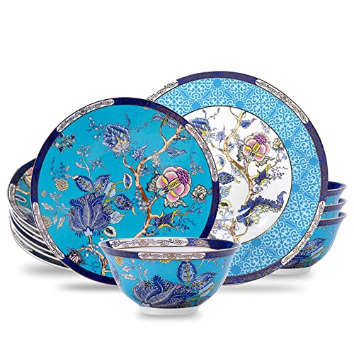 ACMLIFE Bone China Dinnerware Set for 4, 12-Piece Vintage Floral Dinnerware Set, Kitchen Plates and Bowls Set, Thanksgiving Christmas Gifts for Women (Blue) - Image 1