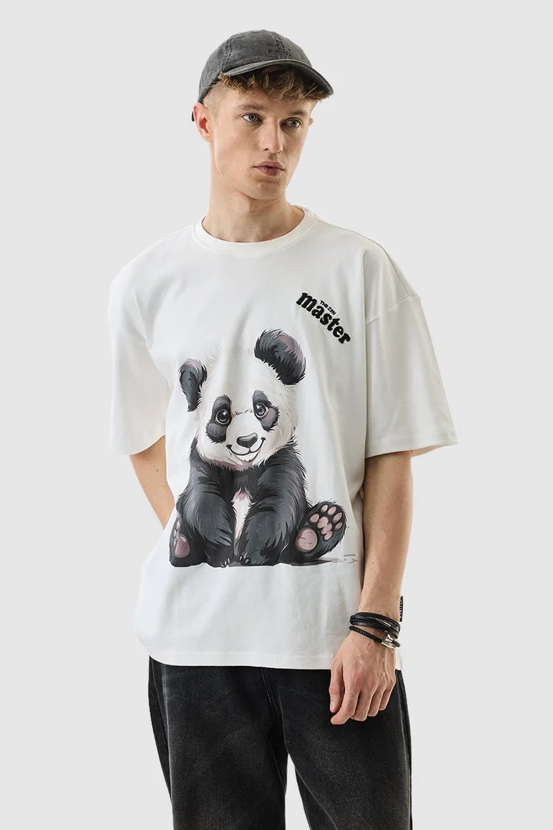 SNITCH Off-White Animal Print Half Sleeve Oversized T-Shirt