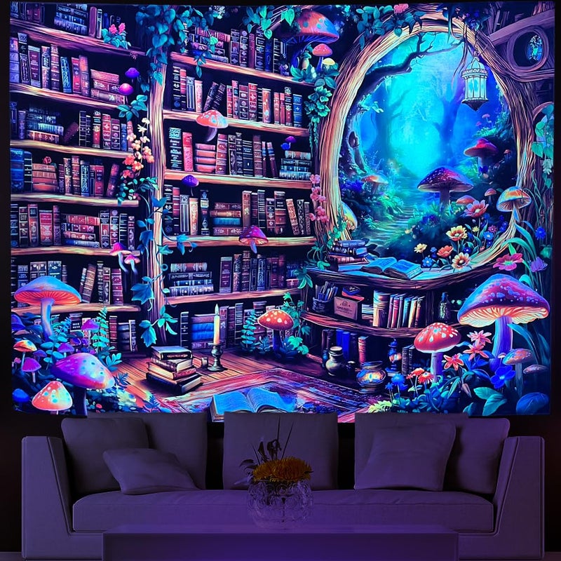 Lahasbja Blacklight Bookshelf Tapestry UV Reactive Magical Library Wall Hanging Fantasy Fairy Mushroom Forest Wall Tapestries Aesthetic Plants Bookcase Background for Bedroom - Image 2