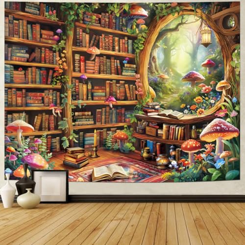 Lahasbja Blacklight Bookshelf Tapestry UV Reactive Magical Library Wall Hanging Fantasy Fairy Mushroom Forest Wall Tapestries Aesthetic Plants Bookcase Background for Bedroom - Image 3