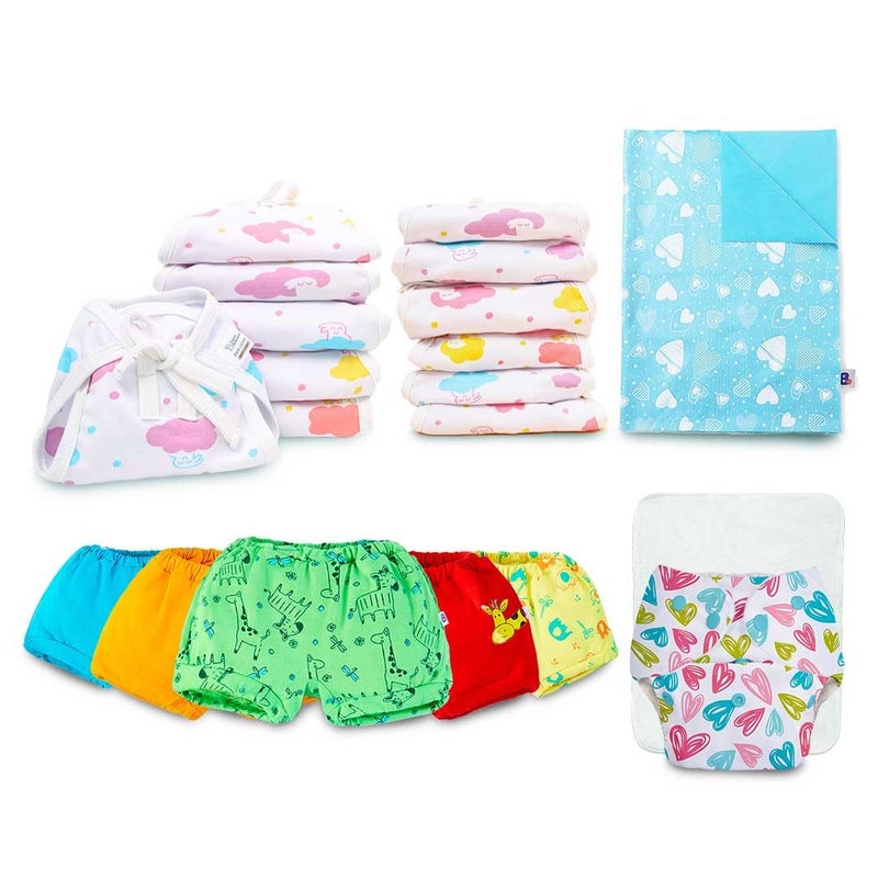 SuperBottoms BASIC™ Reusable Cloth Diaper - (BabyHearts) for 0-3Y | 5 Super Soft Bloomers for 6-9m | 12 Soft & Breathable BASIC™ Langot for 0-9M | 1 Waterproof Diaper Changing Mat - Image 1