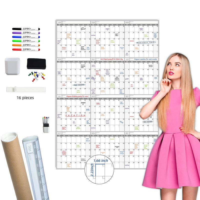 JJPRO Large Dry Erase Wall Calendar - 52x36 Inches - Blank Undated Yearly Calendar - Whiteboard Premium Laminated Planner - Reusable Laminated Office Jumbo 12-Month Calendar (Vertical) - Image 1